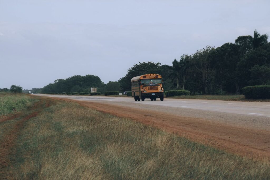 A yellow school bus travels along a rural road surrounded by grassy fields and trees during an overcast day.